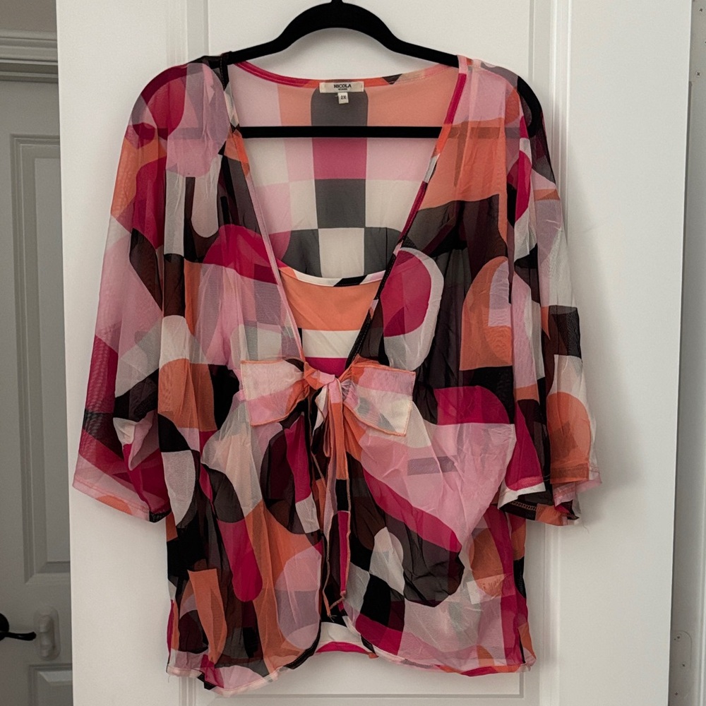 NICOLA Women's Vibrant Pink and Black Sheer Blouse